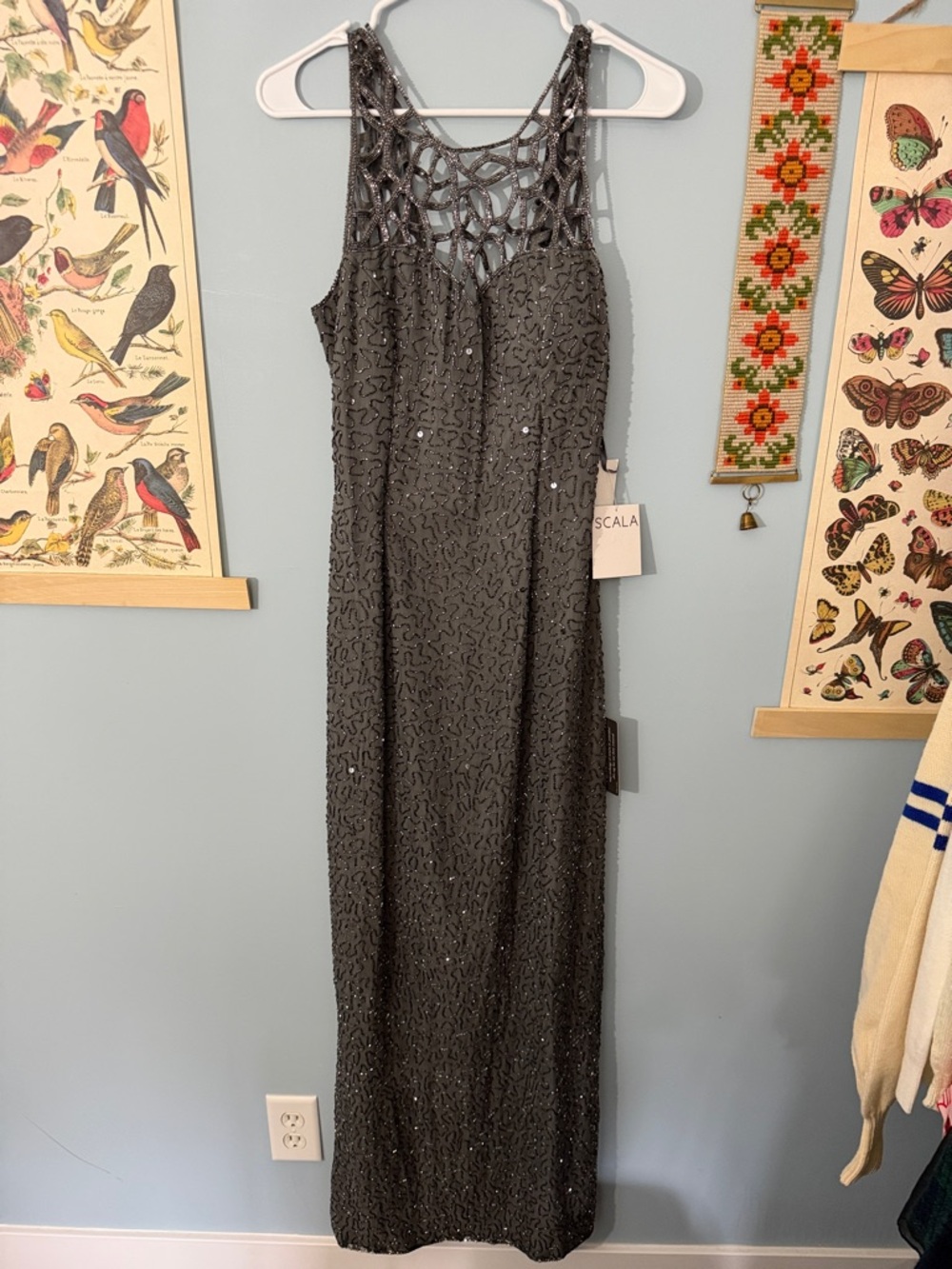90s NWT Vintage Scala Grey Beaded Evening Dress with Lattice Detail
